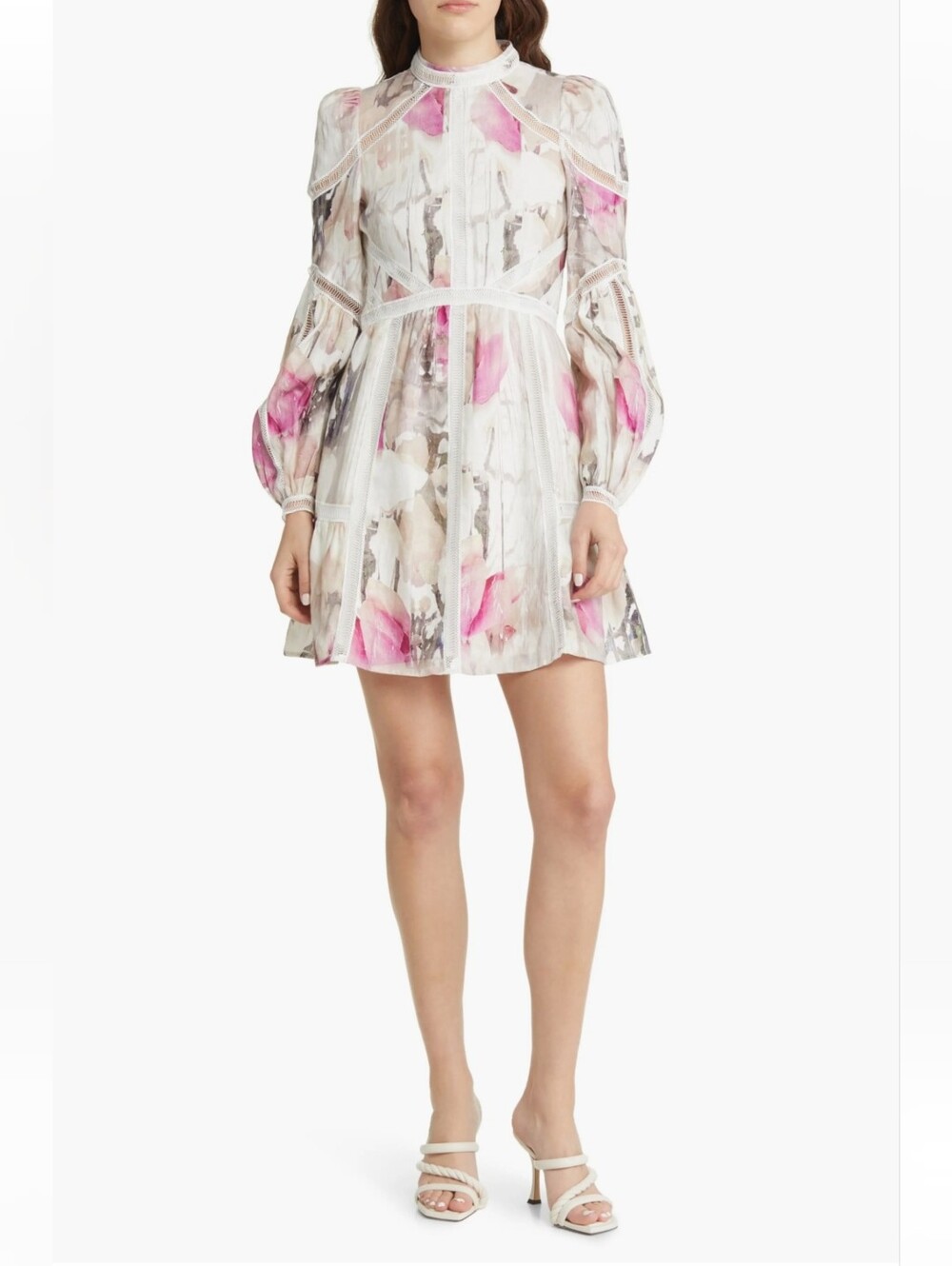 Ted Baker Fleurz Floral Print Long Sleeve Linen Dress In Light Nude